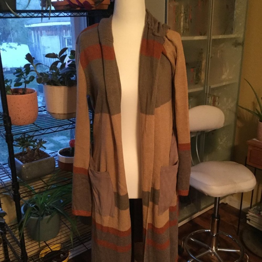 Mystree Long line open front hooded  belted patch pockets cardigan size small